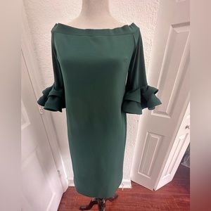 Joseph Ribkoff Forest Green Cold Shoulder Cocktail Dress Size 12 MIDI.